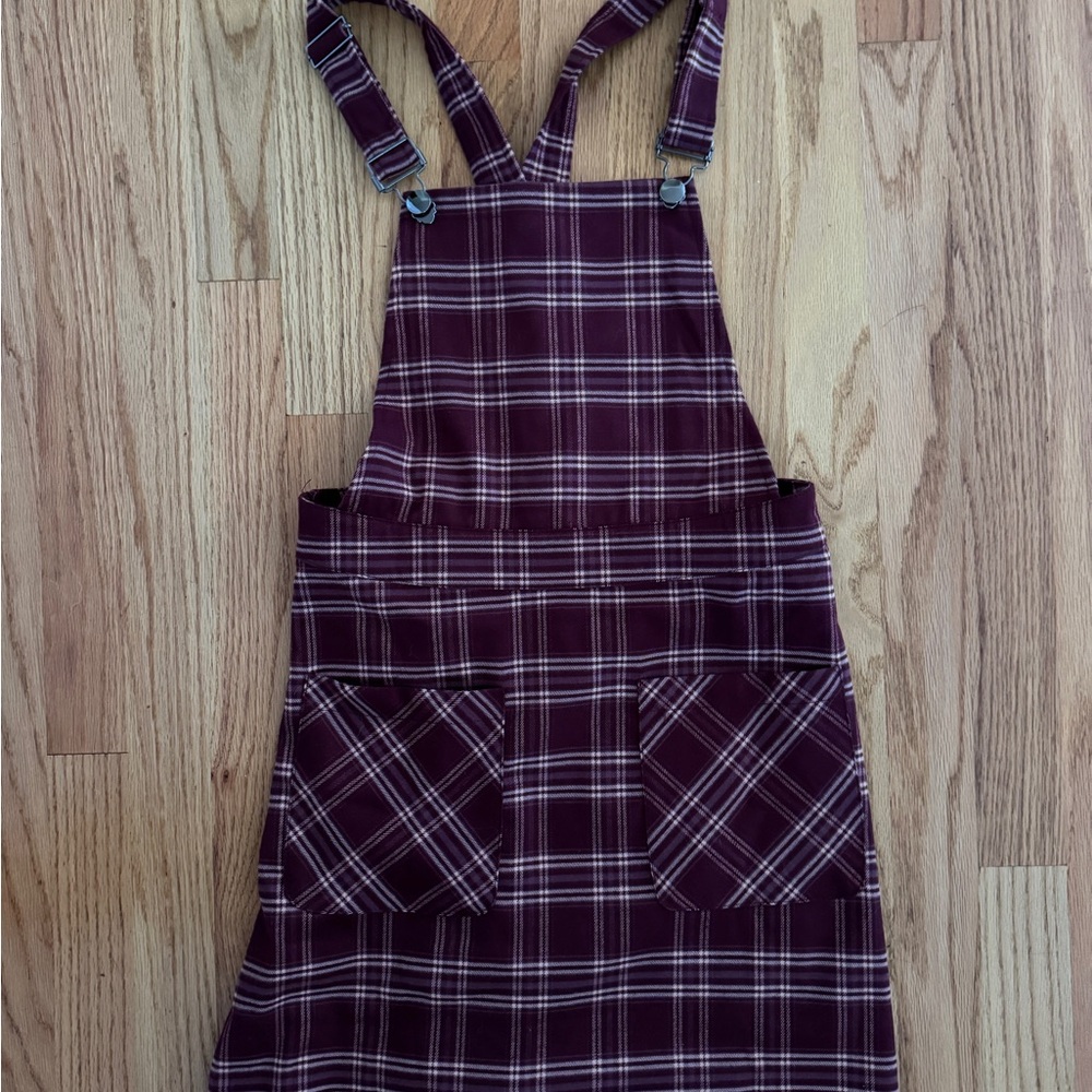 Burgundy Plaid Overall Dress